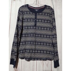 Tommy Hilfiger Shirt Womens Medium Blue Fair Isle Sleepwear Henley Pajama Top